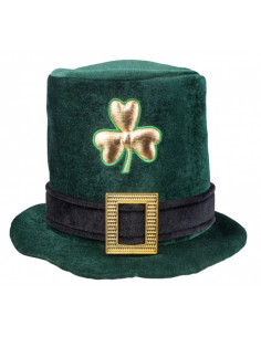 Chapeau haut de forme saint Patrick avec trèfle et boucle doré