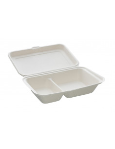 Box à repas 2 compartiments + couvercle en fibre de canne : vaisselle jetable