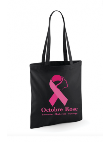 Sac tote bag noir imprimé Octobre rose  : textile octobre rose