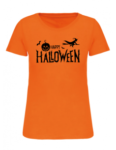 T-shirt orange Happy Halloween femme : textile Halloween