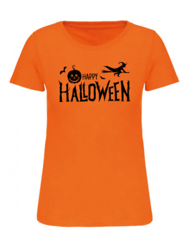 T-shirt orange Happy Halloween femme : textile Halloween